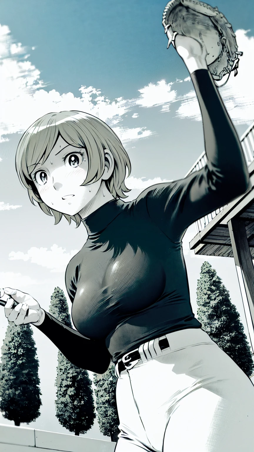 (野球uniform:1.2),
Blonde Hair, (short hair:1.2),Long sleeve, Black Shirt, turtleneck,White trousers、uniform、Black belt、((Illustration of people))、Big Boobs、
View Audience,, (Highest quality:1.3),One Girl, White pants、uniform、Outdoor、baseball ground、ground、soil、blue eyes、Tight black shirt、(masterpiece、Highest quality)、Highest quality, Ultra-high resolution, (((masterpiece))), alone, Sweat、Big eyes、Big Breasts、One Girl, Front view、Embarrassed face、Bronze colored hair、((short hair))、Stand up straight