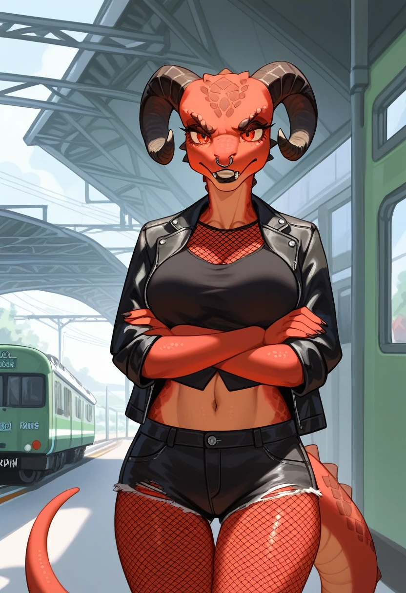 , score_9,score_8_up,score_7_up, anthro Argonian female from skyrim, kemono style, Anthro reptile girl, snout, all red skin, some black scales, red eyes, black lips, black horns, black ram horns, red tail, black lips, nose piercing, wearing black leather jacket, black crop top, black ripped short shorts, black fishnet leggings, gritting teeth, pouting, annoyed, front view, cowboy shot, front view , standing, outdoors, in an empty train station, ghetto train station, arms crossed