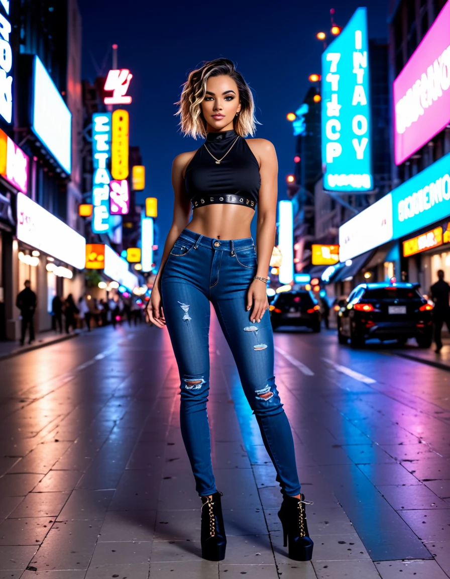 (realistic,photography:1.2), full body shot, slender sexy woman, 28 years old, techno aesthetic, techno fashion, festival outfit, tight Crop Top, white tight skinny jeans, black make-up, smoky eyes, neon lights, cityscape background, vibrant colors, high contrast lighting, dramatic pose, confident expression, urban vibe, night scene, dynamic composition, edgy atmosphere, energetic mood, futuristic elements, bold hair color, high-resolution image, crystal-clear details