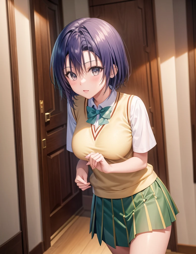 Sairenji Haruna,Haruna Sairenji,standing,uniform,shirt,skirt,short hair,white shirt,green skirt,