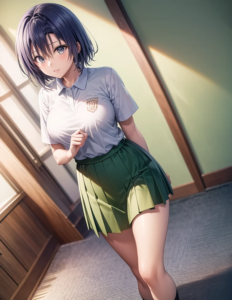 Sairenji Haruna,Haruna Sairenji,standing,uniform,shirt,skirt,short hair,white shirt,green skirt,