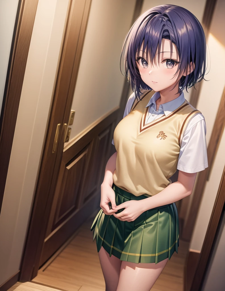 Sairenji Haruna,Haruna Sairenji,standing,uniform,shirt,skirt,short hair,white shirt,green skirt,