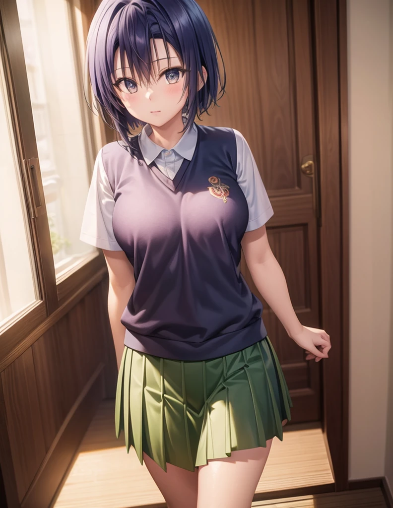 Sairenji Haruna,Haruna Sairenji,standing,uniform,shirt,skirt,short hair,white shirt,green skirt,