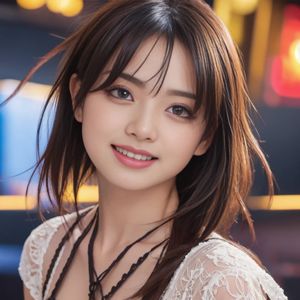 short hair,Part-time job at a bar,((Wearing laced negurije:2.0)),40 year-old,(1 Ultra cute Japan girl:1.5),(Detailed face,ultra detailed eyes, incredible Beautiful eyes,symmetry dropped  eyes:2.0),(Natural Makeup,big smile,open mouth:2.0)best quality, 4k, 8k, highres, masterpiece, ultra-detailed, realistic, photorealistic, photo-realistic, HDR, UHD, studio lighting, ultra-fine painting, sharp focus, physically-based rendering, extreme detail description, professional, vivid colors, bokeh