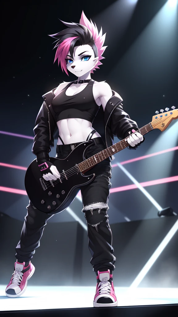 furry girl, dog, multicolored hair, pink hair, black hair, mohawk, makeup, black eyeshadows, blue eyes, ((fingerless gloves, black rock jacket, open clothes, tank top, midriff, pants, shoes)), instrument, guitar, electric guitar, narrowed eyes, detailed body fur, detailed face, detailed eyes, glistering body, shiny body, gorgeous body, skinny, solo, :3, white body fur, sharp teeths, grim, concert stage, electricity on guittar,