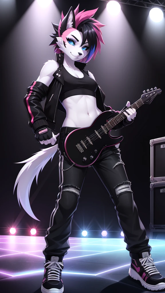 furry girl, dog, multicolored hair, pink hair, black hair, mohawk, makeup, black eyeshadows, blue eyes, ((fingerless gloves, black rock jacket, open clothes, tank top, midriff, pants, shoes)), instrument, guitar, electric guitar, narrowed eyes, detailed body fur, detailed face, detailed eyes, glistering body, shiny body, gorgeous body, skinny, solo, :3, white body fur, sharp teeths, grim, concert stage, electricity on guittar,
