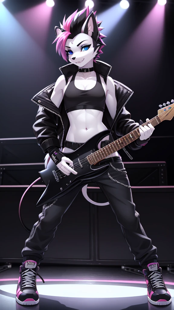 furry girl, dog, multicolored hair, pink hair, black hair, mohawk, makeup, black eyeshadows, blue eyes, ((fingerless gloves, black rock jacket, open clothes, tank top, midriff, pants, shoes)), instrument, guitar, electric guitar, narrowed eyes, detailed body fur, detailed face, detailed eyes, glistering body, shiny body, gorgeous body, skinny, solo, :3, white body fur, sharp teeths, grim, concert stage, electricity on guittar,