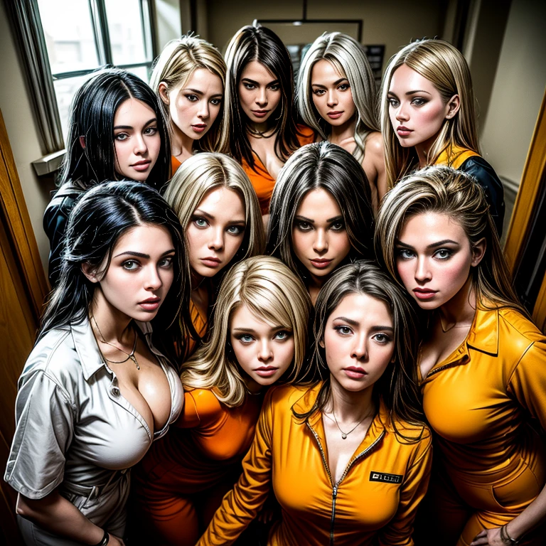 group picture, smile, medium breasts,8 girls,beautiful face,looking at viewer, inmates ,realistic,prison cell,orange prison jumpsuit,prison,(masterpiece, high quality:1.2) different women, perfect face.