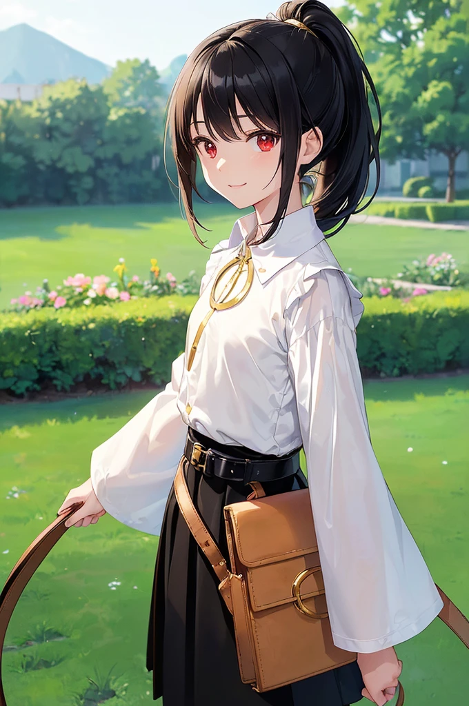 (masterpiece; best quality: 1.2), (finely detailed eyes: 1.3), ((10 year old female kid)), ((solo)), (red eyes: 1.4), (body; short, slender: 1.3), (black hair in ponytail: 1.3), (beautiful and clear background: 1.2), ((depth of field)), (clothes: wanderer mage attire + white-and-gold wide-sleeve high-collar shirt + very long black skirt + belts + traveler pouches and satchel: 1.3), (anime illustration: 1.2), (background; garden exterior: 1.1), (extremely fine and beautiful: 1.1), (shot composition; standing + centered on torso + close-up: 1.5), (expression; calm, smile: 1.2)