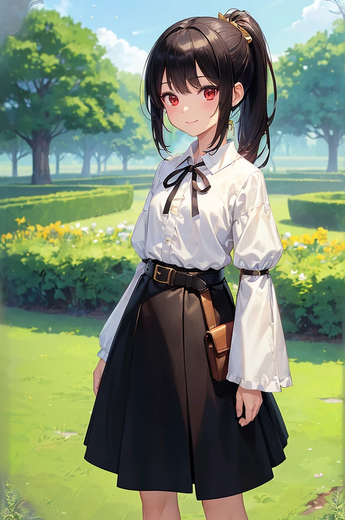 (masterpiece; best quality: 1.2), (finely detailed eyes: 1.3), ((10 year old female kid)), ((solo)), (red eyes: 1.4), (body; short, slender: 1.3), (black hair in ponytail: 1.3), (beautiful and clear background: 1.2), ((depth of field)), (clothes: wanderer mage attire + white-and-gold wide-sleeve high-collar shirt + very long black skirt + belts + traveler pouches and satchel: 1.3), (anime illustration: 1.2), (background; garden exterior: 1.1), (extremely fine and beautiful: 1.1), (shot composition; standing + centered on torso + close-up: 1.5), (expression; calm, smile: 1.2)