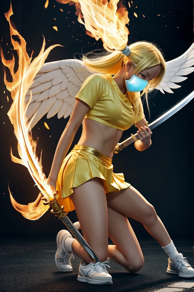 anime girl kneeling with one foot standing with one foot supported and the other on the ground.
The girl has long low yellow hair with a mask, an angel wing made of ash and the other of fire with 2 swords extended and a white sweater and an Angel halo turning to the screen in a dark environment, The swords are golden and the drawing is very epic with a short and sultry skirt and her panties showing, Tokyo Gould style anime girl with sportiline tennis shoes from the front