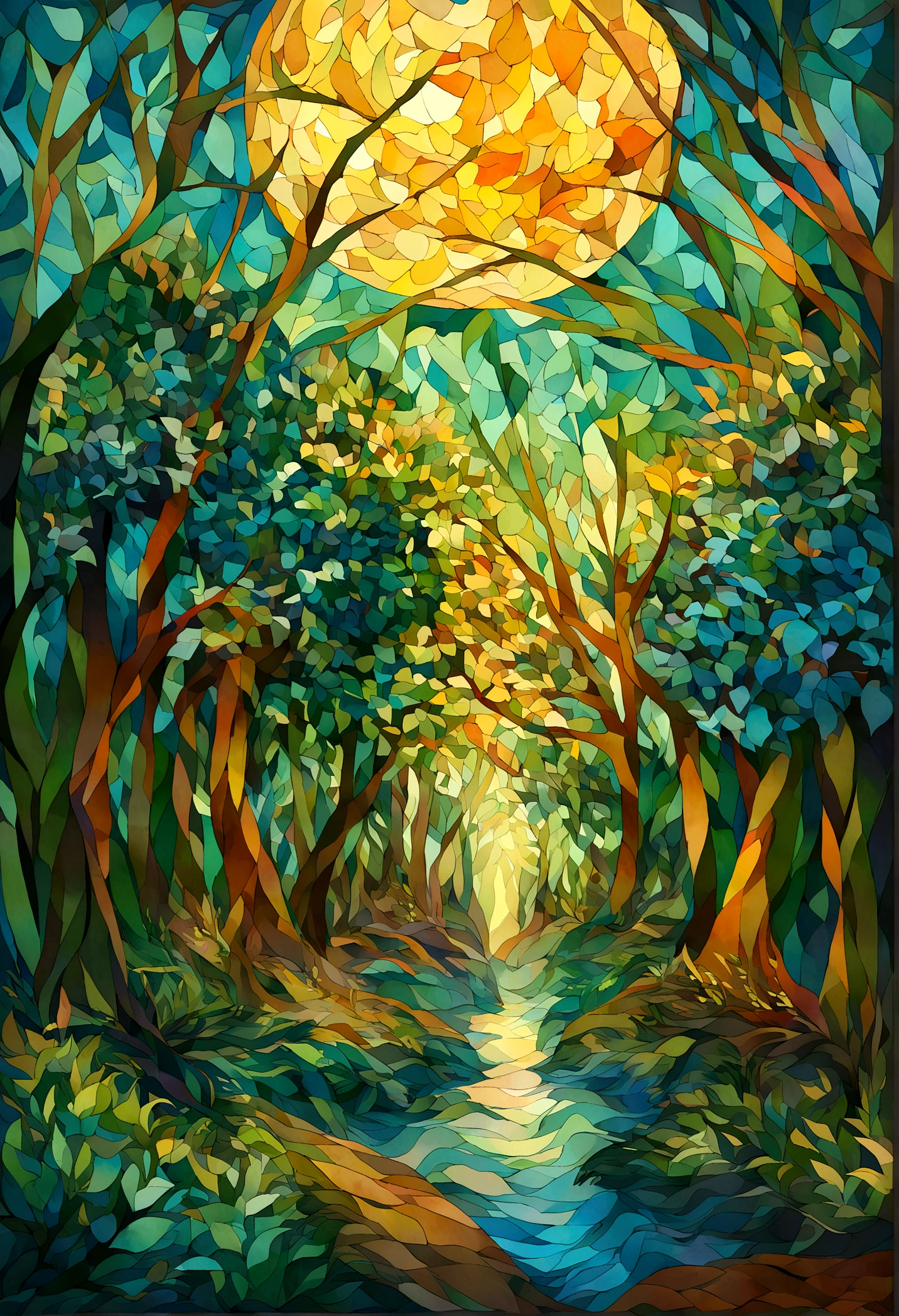 Combining the painting styles of Van Gogh and Dali,draw a forest