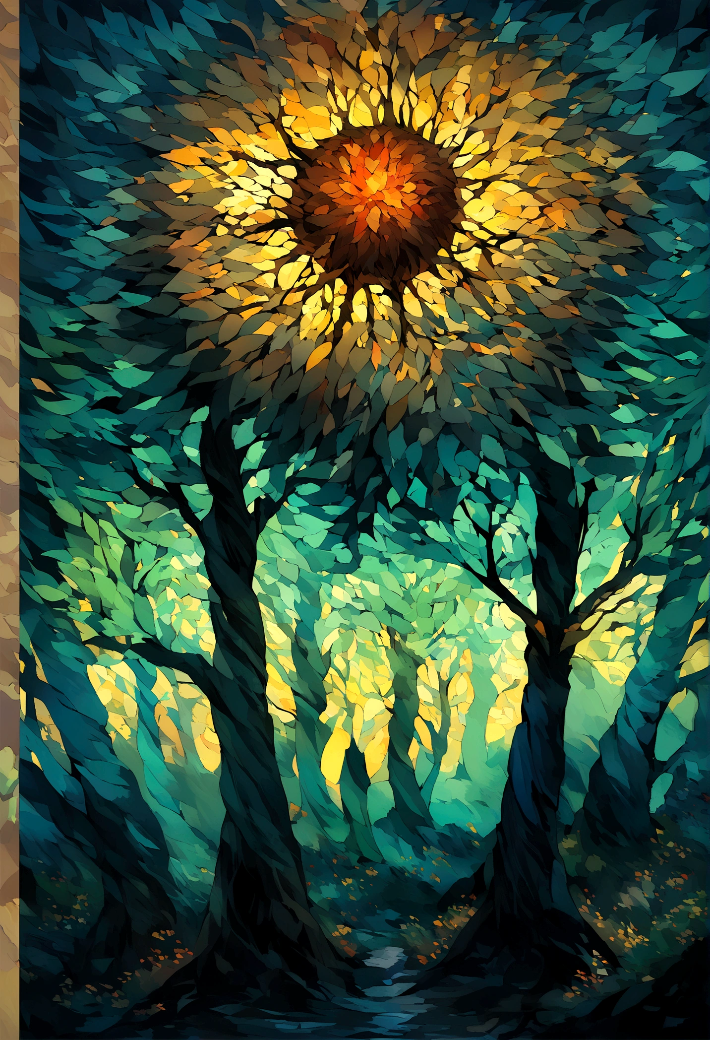 Combining the painting styles of Van Gogh and Dali,draw a forest