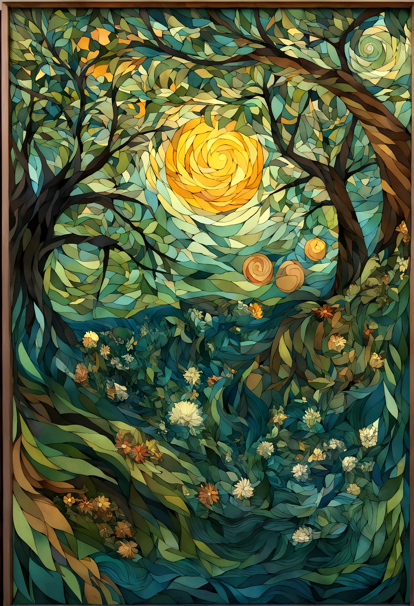 Combining the painting styles of Van Gogh and Dali,draw a forest