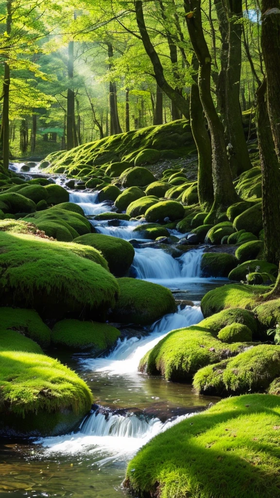 Primary forest,wood々Sunlight shining through,Mossy stone,spring,(stream),大きなwood