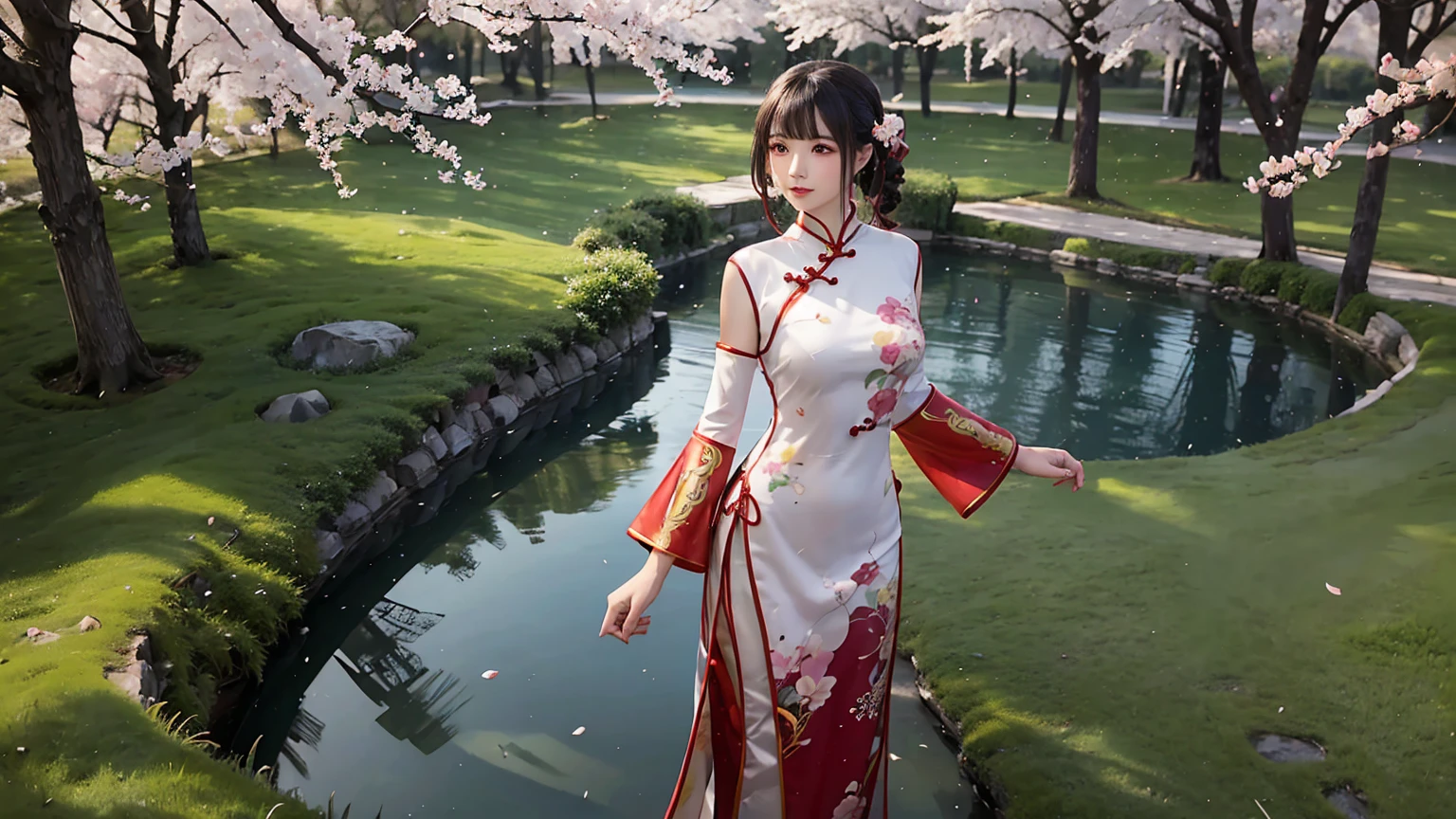 beautiful girl, (cheongsam with plated armor at upper arms:1.2), standing in a traditional chinese garden with cherry blossom, high quality render, extremely detailed