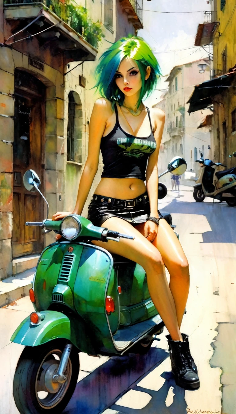 Very sexy girl, green hair, punk look, sitting on a scooter, motorcycle, black leather miniskirt, on a stone Italian town street, tank top, pronounced nipples, small breasts,(art inspired in Bill Sienkiewicz). oil painting) 