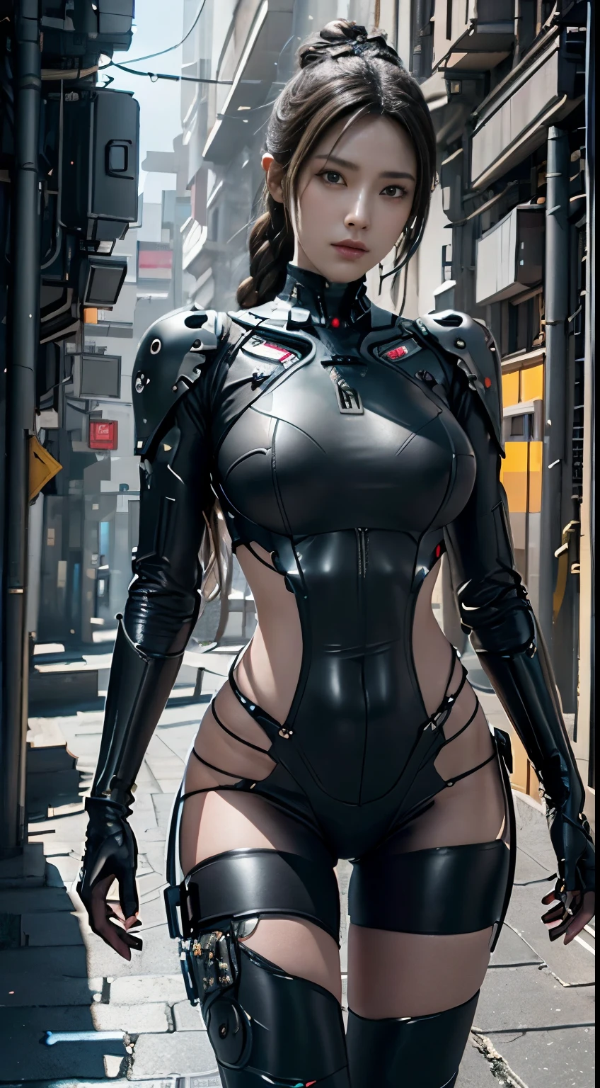 Masterpiece, best quality, (very detailed CG unity 8k wallpaper) (best quality), (best illustration), (best shadows) ((Best quality)), ((masterpiece)), (detailed:1.4), 3D, an image of a beautiful cyberpunk black female with braids on head,HDR (High Dynamic Range),Ray Tracing,NVIDIA RTX,Super-Resolution,Unreal 5,Subsurface scattering,PBR Texturing,Post-processing,Anisotropic Filtering,Depth-of-field,Maximum clarity and sharpness,Multi-layered textures,Albedo and Specular maps,Surface shading,Accurate simulation of light-material interaction,Perfect proportions,Octane Render,Two-tone lighting,Wide aperture,Low ISO,White balance,Rule of thirds,8K RAW, anime - style woman in a white and black outfit with a gun, cyborg merchant girl,