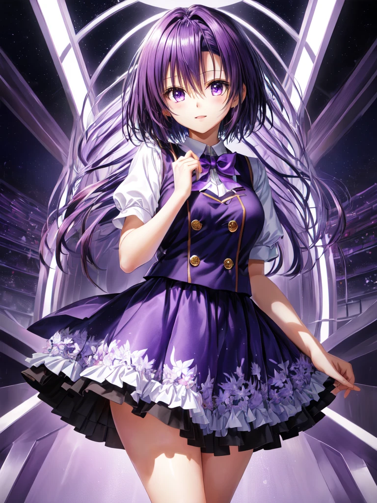 kanade suzu,standing,dark puple fluffy hair,dark purple eyes,short hair,uniform,shirt,skirt