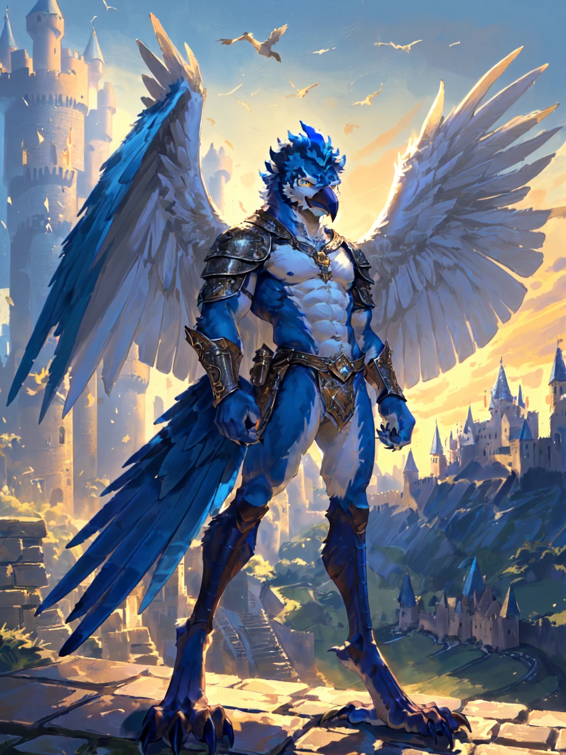 ((middle Ages:1.3,Castle Background:1.6)),(Royal Family:1.2),sunny,high resolution,4K,【Strike a pose:1.5】,masterpiece,high quality,((Griffin)),male,Furry,(teenager:1.3),hairy,((Fierce and vicious:1.4)),(((Strong body:1.4,Big Wings:1.3,Bird claws子:1.3))),(((Blue head:1.3,White abs:1.4))),(((White Wings:1.3))),(((Golden pupils:1.2))),(((Bird claws:1.3))),(((Long legs:1.3))),((No shirt,No underwear)),Exquisite eyes,Detailed body,Detailed claws,Detailed feet,Kenket's Art