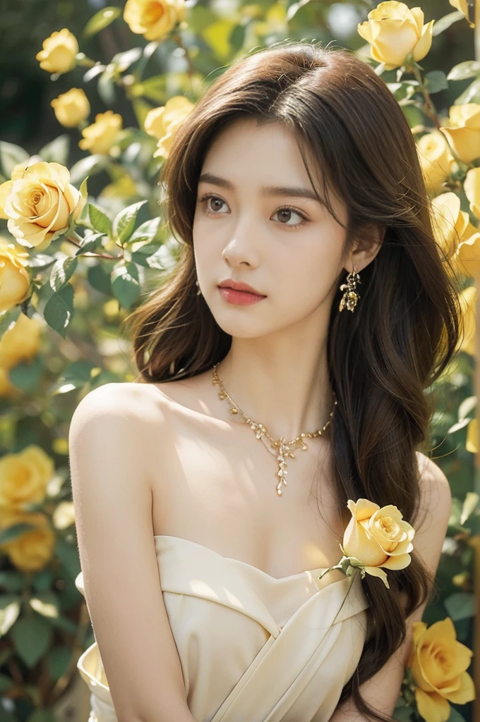 (((best quality))),(((ultra detailed))),(((masterpiece))),illustration, a stunning young girl amidst a sea of yellow roses, yellow rose petal dress,slim,thin, fair skin,shoulder length straight chestnut hair,earrings,necklace,intricate patterns, embellishments, ethereal charm, sparkling eyes, gentle smile,flat chest,small breasts, innocence and grace, yellow roses background, full bloom, fragrance of roses, enchanting presence, delicate fingers, admiration, beauty and nature blend, striking appearance, vibrant yellow color, harmonious equilibrium,lasting impression,standing,((upper body,from front))