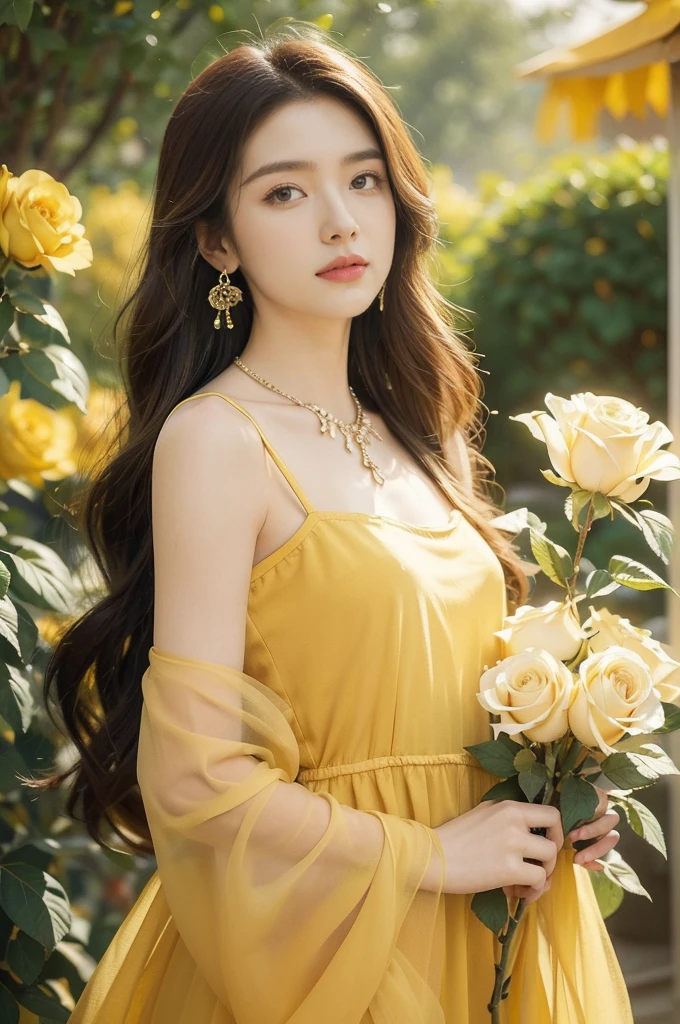 (((best quality))),(((ultra detailed))),(((masterpiece))),illustration, a stunning young girl amidst a sea of yellow roses, yellow rose petal dress,slim,thin, fair skin,shoulder length straight chestnut hair,earrings,necklace,intricate patterns, embellishments, ethereal charm, sparkling eyes, gentle smile,flat chest,small breasts, innocence and grace, yellow roses background, full bloom, fragrance of roses, enchanting presence, delicate fingers, admiration, beauty and nature blend, striking appearance, vibrant yellow color, harmonious equilibrium,lasting impression,standing,((upper body,from front))