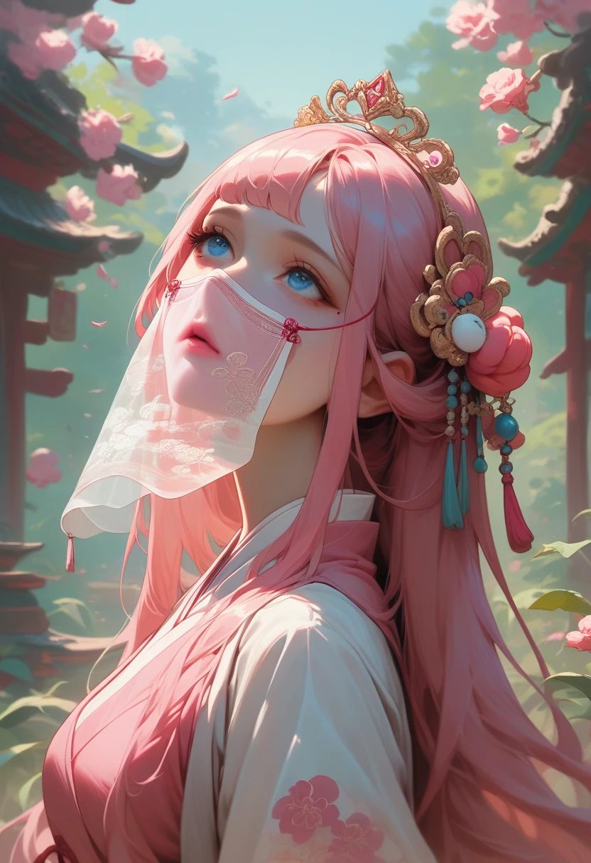 best quality, masterpiece,pink loose long hair, blue eyes,whie hanfu clothes,transparent lace cloth mask,small tiara with accessories and flowers,looking up, upper body,hair strand,Fair skin,a mole under left eye,pink lips,a girl around