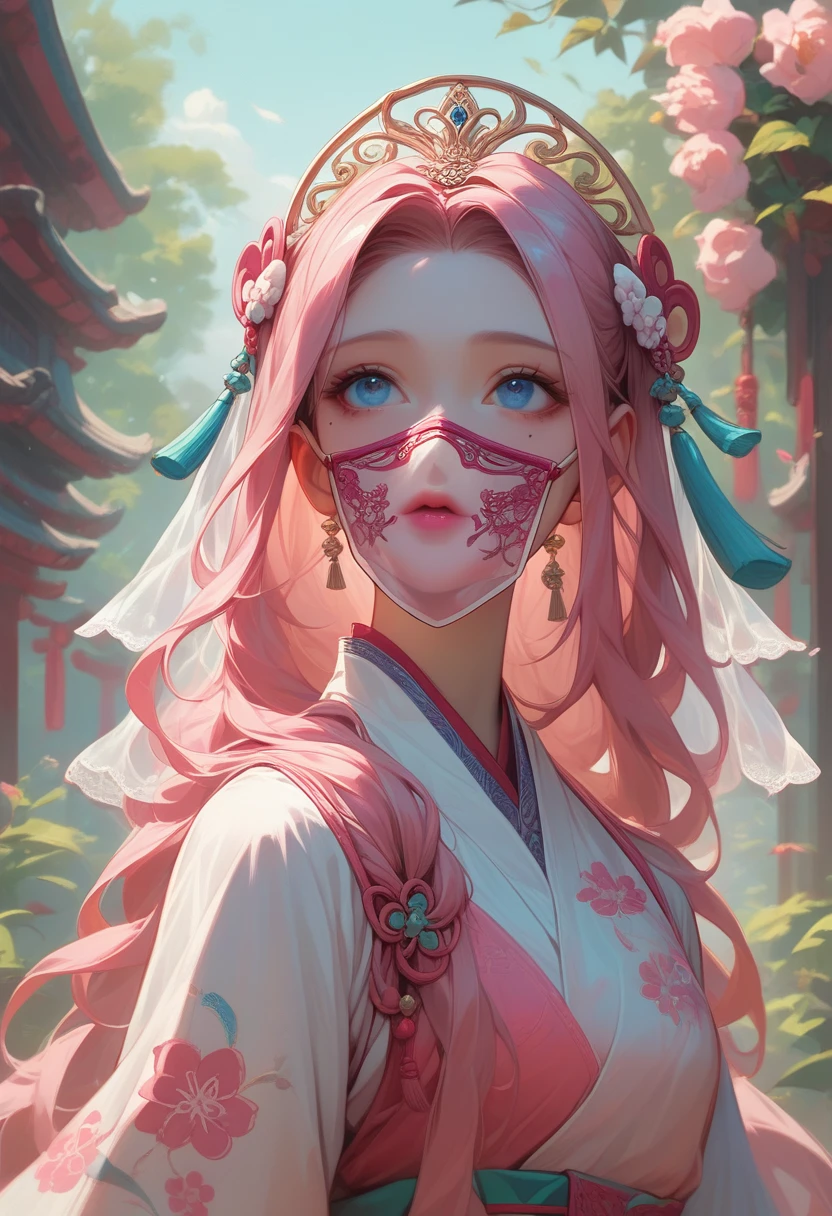 best quality, masterpiece,pink loose long hair, blue eyes,whie hanfu clothes,transparent lace cloth mask,small tiara with accessories and flowers,looking up, upper body,hair strand,Fair skin,a mole under left eye,pink lips,a girl around 15 years old

