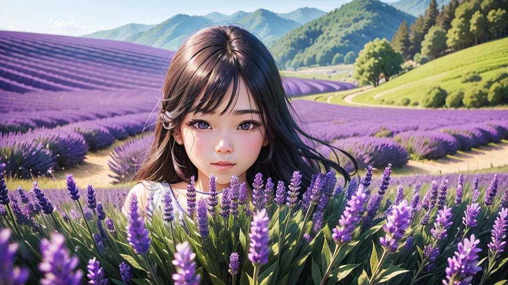 Highest quality、Realistic、 Nature、Lavender Fields、A photo of a person's back gazing at the distant mountains、One person、simple