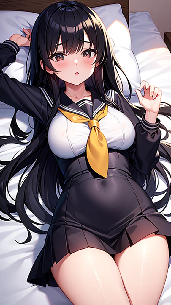 JK Long Black Hair Wearing a small sailor uniform 18-year-old Big Breasts sleeping face On the bed