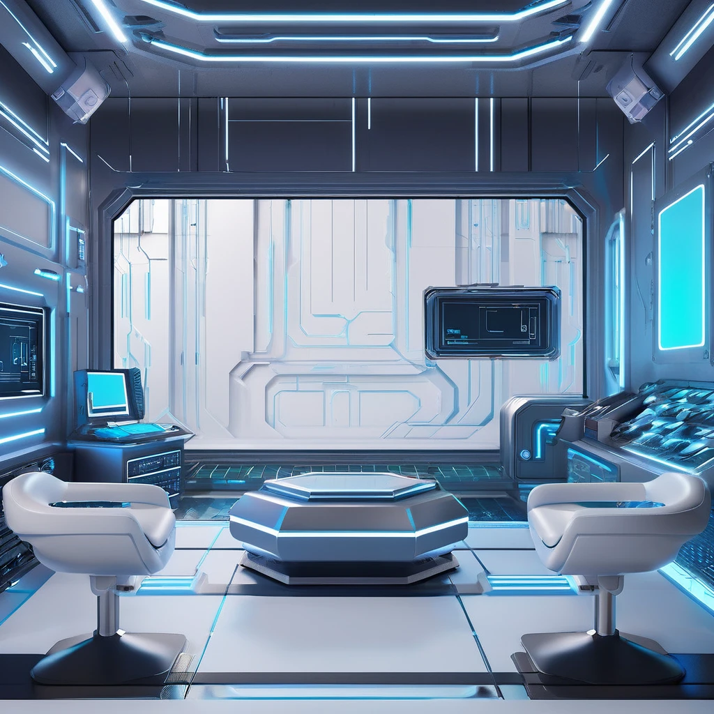 Interior scene，unmanned，Simple design，Cyberpunk，The picture consists of only simple geometric shapes，Reduce unnecessary lines，Applicable to 3C products