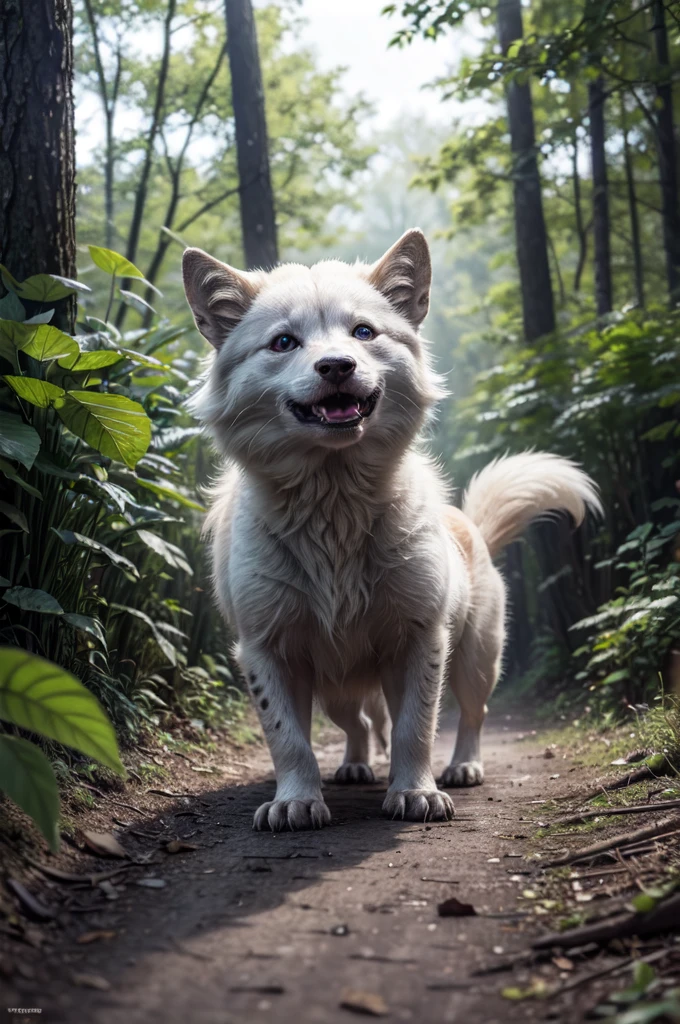 ((best quality)), ((masterpiece)), (detailed), reflections/refractions, intricate details, octane render, ultra-realistic, "A little pumpkin face of cute ghost casper, fleeing from ferocious wolves and hyenas running across the woods in the forest, leaving a trace of fire where he is stepping, on the floor covered with vegetation, you can see poisonous mandrakes, there are poisonous mushrooms at the base of the trees growing and wanting to catch our main character"