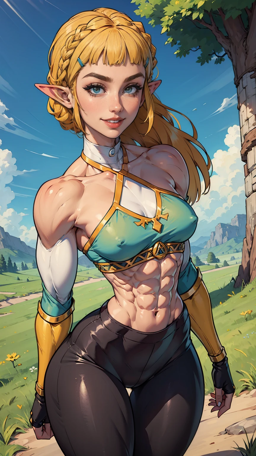 (Muscular:1.6), (thick thighs:1.7),
princess_zelda_aiwaifu, pointy ears, braid, hair ornament, hairclip, fingerless gloves, blue shirt, (halter top), crown braid, long sleeves, (blunt bangs:1.5), green eyes, sidelocks, thick eyebrows, (black pants, tight pants:1.3), (big smile:1.3), (long blonde hair:1.2),
(flat chest:1.7),
eyeshadow, lipstick, (midriff, abs), 
looking at viewer, (three quarter view), upper body view,
rim lighting, detailed skin, detailed eyes, grassy field