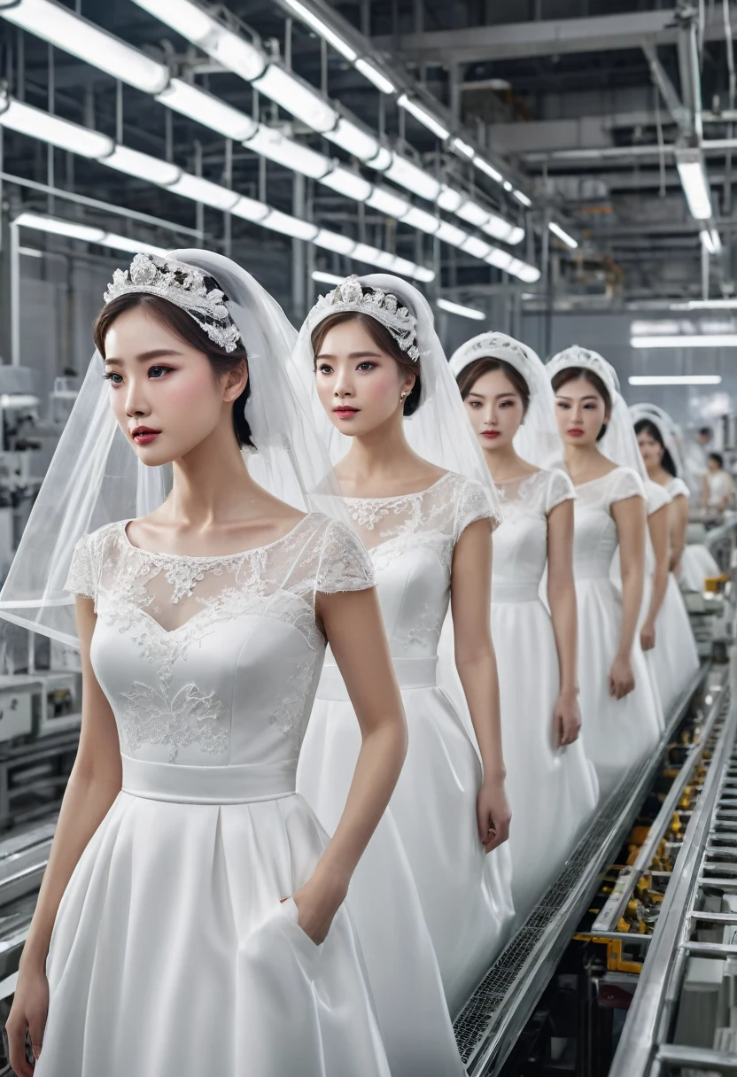 Android women in wedding dresses waiting to be shipped on a factory production line, their faces are beautiful and impersonal like dolls.(All the women have their eyes closed1.2),She is wearing a white wedding dress and veil.There are many women standing on the conveyer belt of the production line, and at the back of the line, The women are all loaded onto a single conveyor belt,you can see women with mechanical bodies who are not yet wearing wedding dresses.The interior of the factory is based on a cold white color scheme, there are no people on the production line, the internal structure resembles that of a laboratory, and the expression is scientific.Realistic, realistic photo,High quality, high precision images,Cinema lighting, professional photography, ultra-fine painting, ultra super fine view,Masterpiece, Best Quality.4k.8k:1.2 Ultra detail,CG Concept art,Android