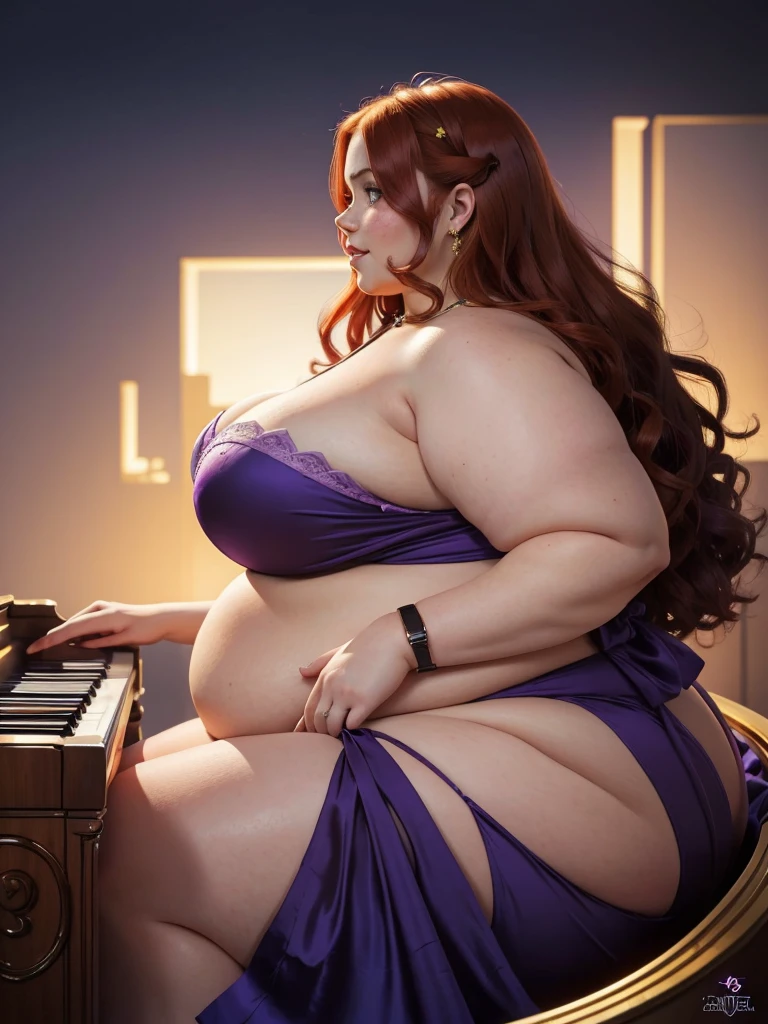 A slightly Sideview Happy photo of a young beautiful redhead bbw with soft fat belly, wide fat obese hips, thick fat legs and fat arms, cute pretty face, small breasts, blue eyes, freckles, in a purple covering detailed beautiful dress Wearing jewelery and golden female watch, sitting and playing a grand piano in an opera