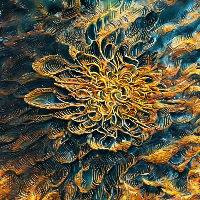  an intricate circulatory system made of organic matter, originating from a red heart , dominant yellow and orange color tonality, growing on a fractal background, brilliant colours, masterpiece, highly detailed, 4k resolution,  3d modelling, digital art