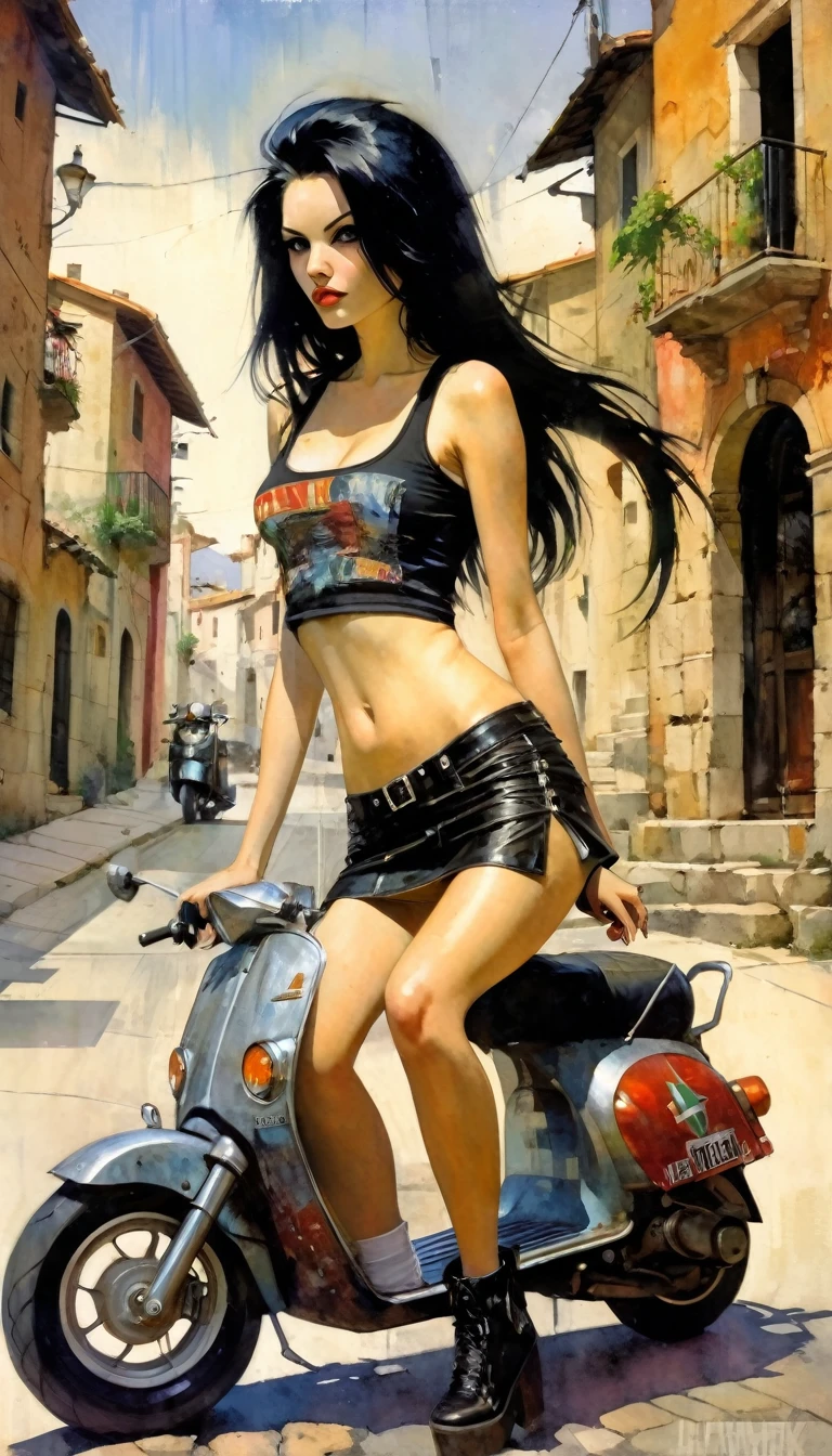 Very sexy girl, long black hair, punk look, sitting on a scooter, motorcycle, black leather miniskirt, on a stone Italian town street, tank top, pronounced nipples, small breasts,(art inspired in Bill Sienkiewicz). oil painting) 