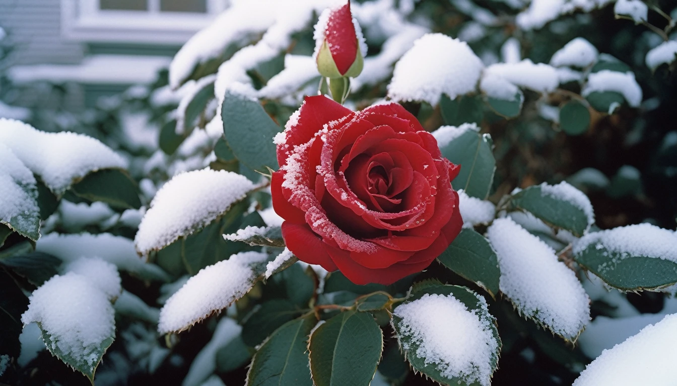 Speciality, Red roses grow on the bushes, Leaves and petals are covered with dust and snow,Shot with Canon 35mm lens, photo of a rose, taken with a pentax k1000, Shot with Pentax 1000, Two 5-mm ports, Shot at Kodak Portra, Rose Twinings, Red Rose, 35mm shot