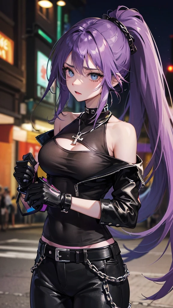 Photograph of the upper body of a beautiful woman, , normal breasts, perfect body), Sharp focus, (tall body, mature woman), ((Looking ahead)), (Highly detailed skin, hair follicles:1.4,) (long ponytail hairstyle ,Purple hair, blue eyes) , (black t-shirt:1.47),(green pants),chain , There are tears. , Cross necklace , wearing a black leather jacket, cross chain, city scenery , punk , night light , high quality ,cold expression, one leather gloves , biker style , cool