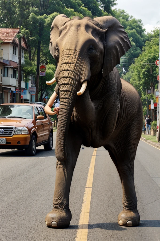 A woman who turns a vegetable into a giant elephant walks on the road with her legs and
