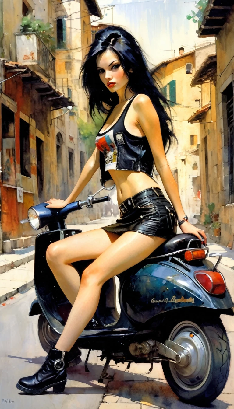 Very sexy girl, long black hair, punk look, sitting on a scooter, motorcycle, black leather miniskirt, on a stone Italian town street, tank top, pronounced nipples, small breasts,(art inspired in Bill Sienkiewicz). oil painting)