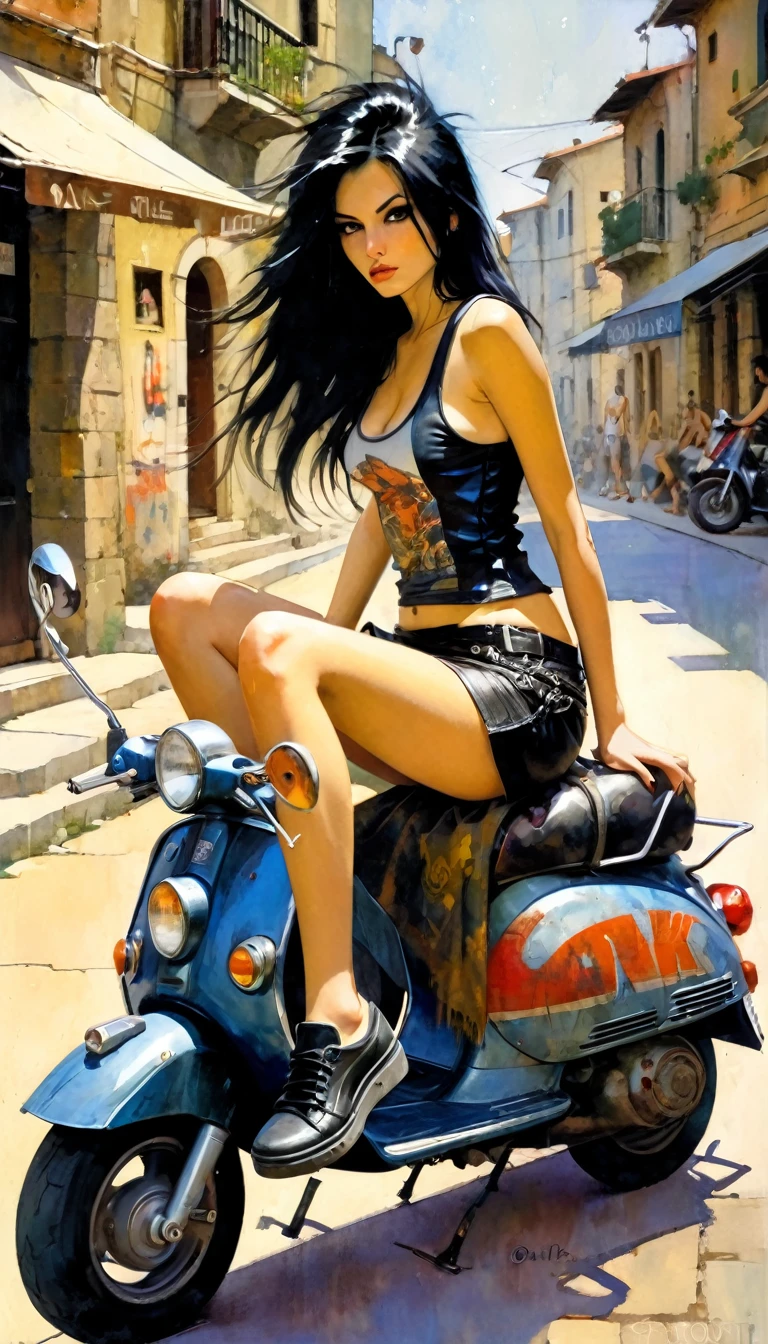 Very sexy girl, long black hair, punk look, sitting on a scooter, motorcycle, black leather miniskirt, on a stone Italian town street, tank top, pronounced nipples, small breasts,(art inspired in Bill Sienkiewicz). oil painting) 