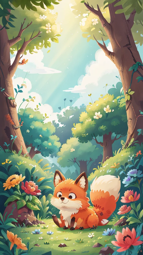 A very cute fox,Surrounded by beautiful little flowers and nature. This illustration is a 4K high-definition illustration,The facial features are rich in detail,Cartoon Style,Cartoon Animals 5.1,Fox playing the piano in the forest,A fox,space,坐在space左边的狐狸,Blue sky and white clouds,Horizontal Graphics
