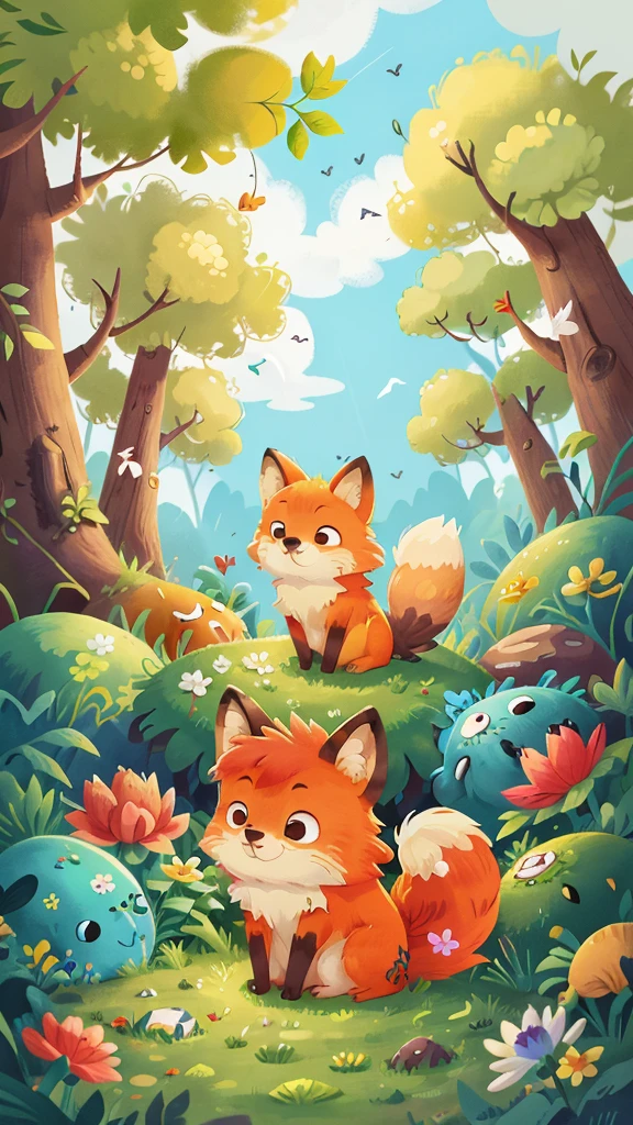 A very cute fox,Surrounded by beautiful little flowers and nature. This illustration is a 4K high-definition illustration,The facial features are rich in detail,Cartoon Style,Cartoon Animals 5.1,Fox playing the piano in the forest,A fox,space,坐在space左边的狐狸,Blue sky and white clouds,Horizontal Graphics