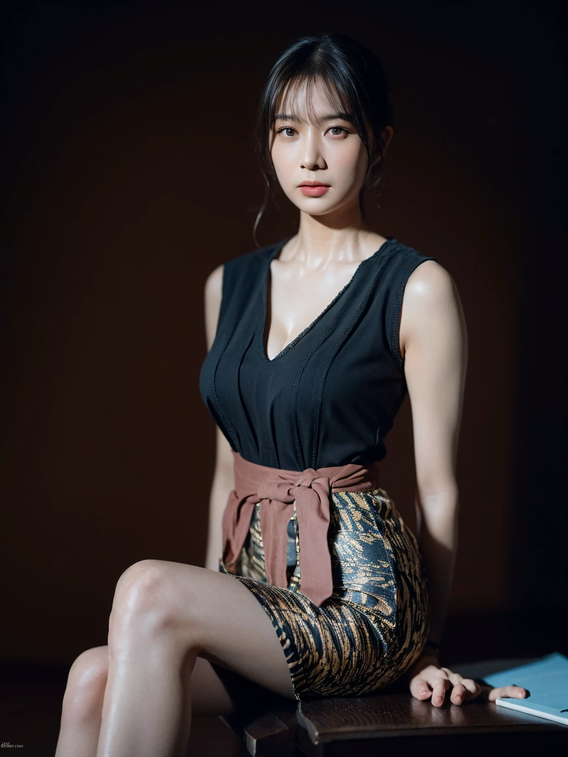1girl, woman, masterpiece, best quality, highest quality, front lighting, (volumetric lighting), extremely detailed CG unity 8k wallpaper, focused, 8k wallpaper, extremely detailed, ultra realistic, photorealistic, sharp focus, absurdres, (HDR:1.2), (high contrast), photograph, detailed and intricate, instagram, portrait, highly detailed, digital painting, artstation, concept art, smooth, sharp focus, illustration, (natural big breast:1.3), black short skirt, (((eyes looking at the viewer))), ((medium shoulder)), (very skinny legs), ((slender body)), (((height 160cm))), (HQ skin: 1.4, Realistic human body structure), (((sitting on chair and cross legged))), full body:1.4, (wearing knit tank top, short skirt), ((show thigh)), wearing kebaya