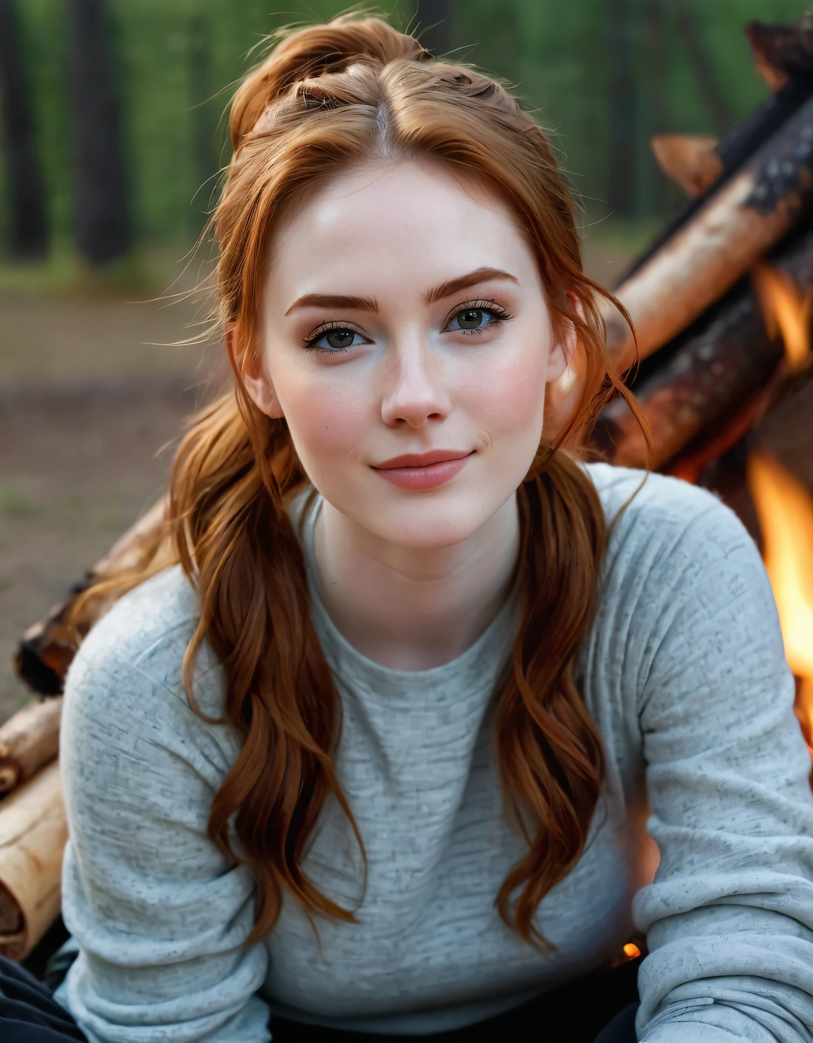 photography half body portrait of very beautiful realistic girl, sitting in front of bonfire, porcelain skin, very fair skin, very pale skin, redhead, wavy, ponytail, hazel eyes, slanted eyes, small nose, small nostril, curved eyebrow, thick bottom lip, seductive gaze, happy face, unique face, detail photo, realistic photo, master piece picture, sharp picture, outdoor camping
