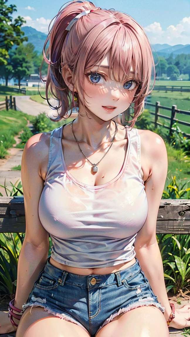 (Masterpiece, BestQuality:1.3), (ultra detailed:1.2), (hyperrealistic:1.3), (RAW photo:1.2), High detail RAW color photo, professional photograph, (Photorealistic:1.4), (realistic:1.4), (Pink Hair:1.5), professional lighting, perfect anatomy, (Big Breasts:1.2), (blush, detailed face), (cheerful Smile:1.5), Trending Hair&Trending Hairカラーをランダムに, earrings, necklace, bracelet, sexly, erotic sexly, Random sexy gravure poses, (Sexy woman in a white tank top and denim shorts、Rural landscape、Bright smile、ponytail、Sitting on the fence pose。:1.3)