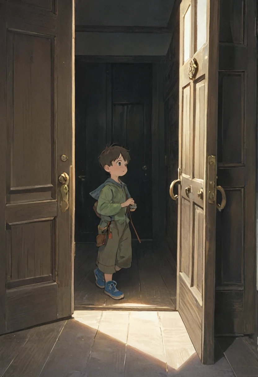 A boy opens the double doors and enters