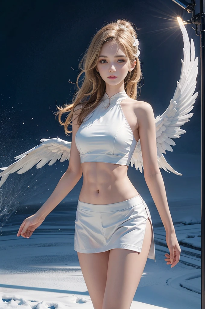 masterpiece, best quality, high quality, High definition, High quality texture, High quality shadow, high detail, beautiful detailed, finely detailed, extremely detailed cg, detailed texture, a realistic representation of the face, realistic, colorful, delicate, sharp focus, (intricate details, makeup, PureErosFace_V1:0.5), (detailed beautiful delicate face, detailed beautiful delicate eyes, a face of perfect proportion, high detailed skin, detailed skin, best ratio four finger and one thumb, skiny and thin:1.3), 1girl, , tall, (smooth_abs:1.55), (no_abs:0.5), (((showing abdomen))), (((tummy))), pretty, masterpiece, highres, (long_skinny_legs), (straight_legs), (skinny_waist), (((fair skin))), white skin, (((pale skin))), (Emma_watson), big_breast, (((Caucasian))), (((European))), Light blonde hair, orange Bandeau, orange short pleated skirt, standing legs apart, looking at viewer, full body, portrait of cute blonde girl, (((angel with wings))), (outside,Heavy snowfall, Cover with snow), (frontal light), (((studio light))) ((crop top)), showing abdomen, showing abs, snowfield, bloom, white fog, motion, wispy hair, realism, high-quality rendering, stunning art, high quality, film grain, Fujifilm XT3, dreamy, (((skinny thigh, thin thigh, narrow thigh)))long White hair