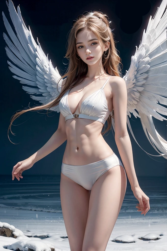masterpiece, best quality, high quality, High definition, High quality texture, High quality shadow, high detail, beautiful detailed, finely detailed, extremely detailed cg, detailed texture, a realistic representation of the face, realistic, colorful, delicate, sharp focus, (intricate details, makeup, PureErosFace_V1:0.5), (detailed beautiful delicate face, detailed beautiful delicate eyes, a face of perfect proportion, high detailed skin, detailed skin, best ratio four finger and one thumb, skiny and thin:1.3), 1girl, , tall, (smooth_abs:1.55), (no_abs:0.5), (((showing abdomen))), (((tummy))), pretty, masterpiece, highres, (long_skinny_legs), (straight_legs), (skinny_waist), (((fair skin))), white skin, (((pale skin))), (Emma_watson), big_breast, (((Caucasian))), (((European))), Light blonde hair, orange Bandeau, orange short pleated skirt, standing legs apart, looking at viewer, full body, portrait of cute blonde girl, (((angel with wings))), (outside,Heavy snowfall, Cover with snow), (frontal light), (((studio light))) ((crop top)), showing abdomen, showing abs, snowfield, bloom, white fog, motion, wispy hair, realism, high-quality rendering, stunning art, high quality, film grain, Fujifilm XT3, dreamy, (((skinny thigh, thin thigh, narrow thigh)))long White hair